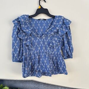 Zara Blue and White Floral Ruffle Blouse
